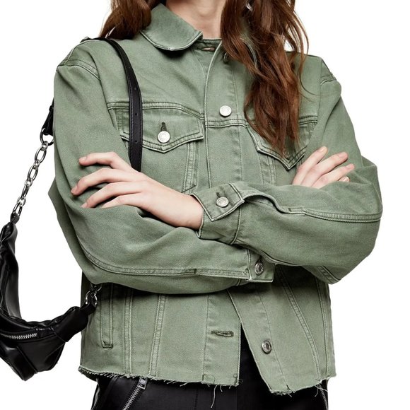 TOPSHOP Khaki Denim Raw Hem Oversized Jacket